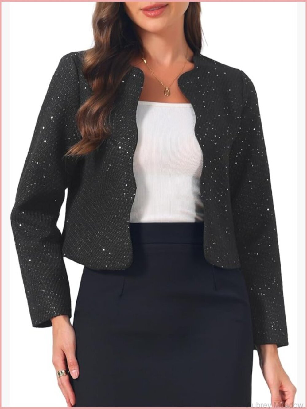 Tweed Collarless Open Front Blazer Suit Jacket Long Sleeve Cardigan